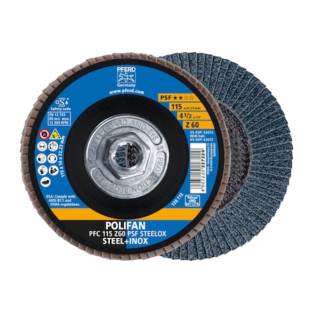 Pferd 4-1/2" x 5/8-11 Thd. POLIFAN Flap Disc - Z PSF STEELOX, Zirconia, 60 Grit, Conical 62072